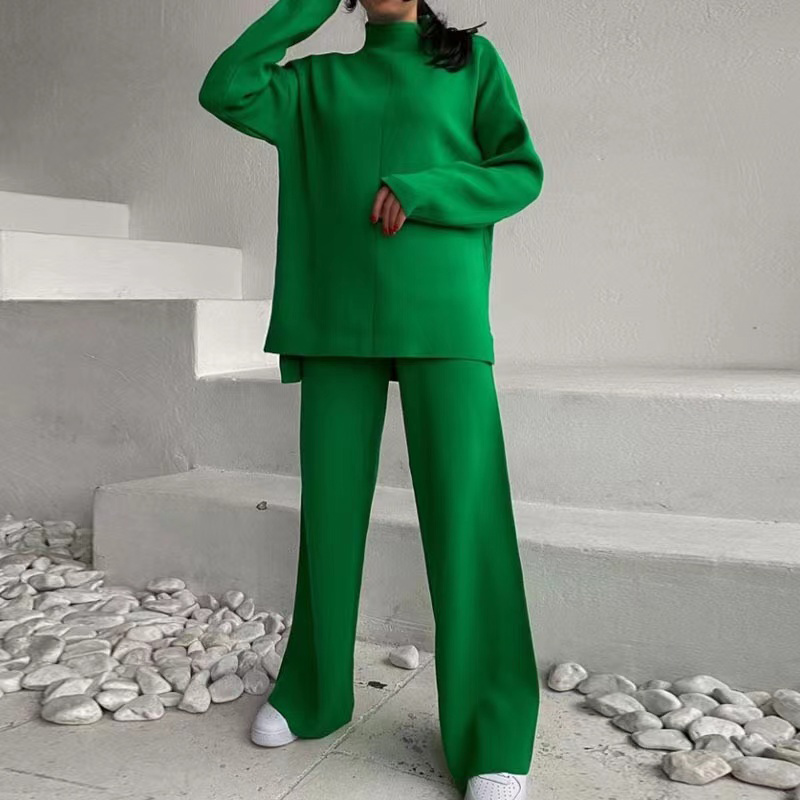 2022 Autumn Wholesale Fashion Loose Solid Color Split Top Warm Thick Knit Pullover Long Pants Suit Women<i></i>'s 2 Piece Sweater