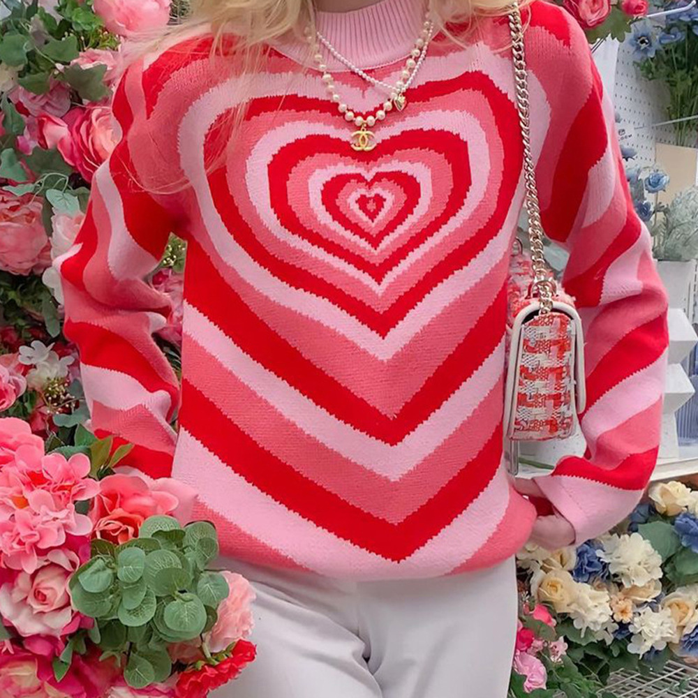 Y2K Turtleneck Women Striped Heart Aesthetic Sweater Sweet Pullovers Long Sleeve Knit Crop Top 90s Harajuku Knitting